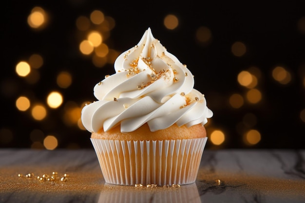 Side view of white cake decorated with melted white chocolate whipped cream and bananas on the table