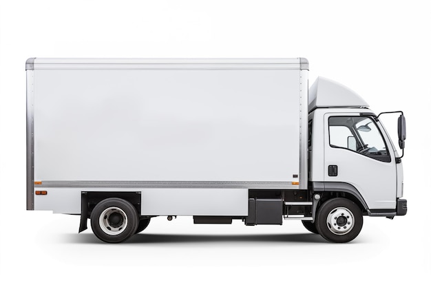 Side view of white commercial delivery truck isolated on white background Close up mockup