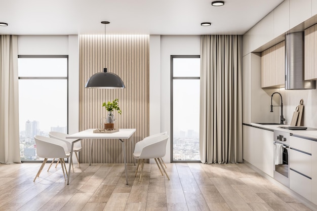 Side view on white dining table and chairs in spacious stylish kitchen room with wooden floor and wall part great city view from big window and light kitchen set and ceiling 3D rendering