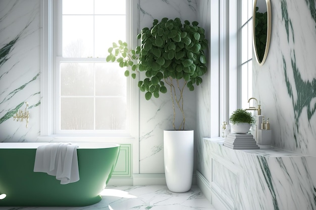 Side view of a white and green bathroom with a white bathtub and a table with towels close to a window Modern marble bathroom with a minimalist design no people