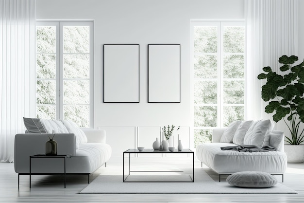 Side view of a white living room with two white sofas a coffee table large windows a carpet