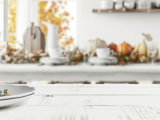 Photo side view of white table for mockup with blurred autumn table setting in background