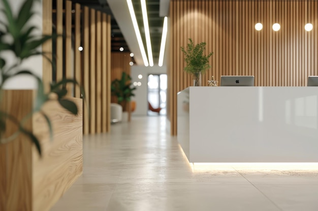 Photo side view of white and wooden office reception