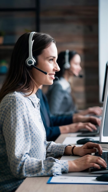 Side view of woman call center with headsets using computers in the office