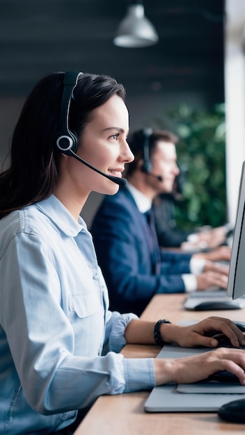 Side view of woman call center with headsets using computers in the office