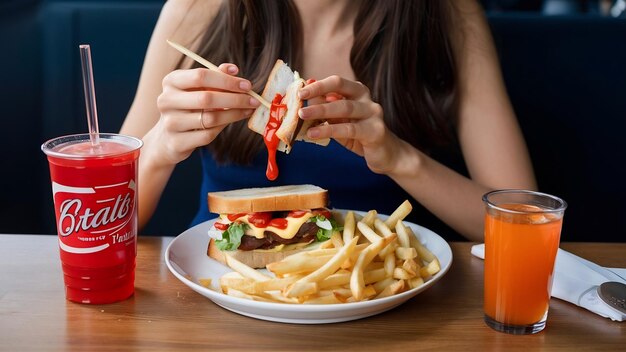 Side view woman eating french fries with club sandwich ketchup and mayonnaise on stand with soft dr