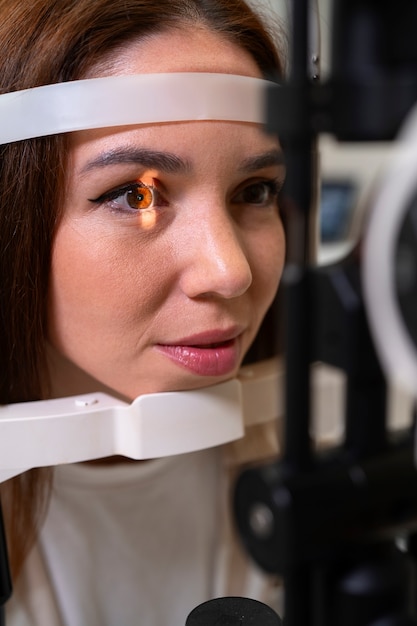 Side view woman getting her eyes checked