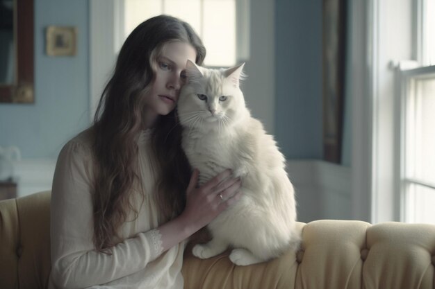 Photo side view of woman holding cat at home