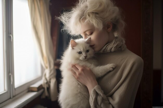 Side view of woman holding cat at home