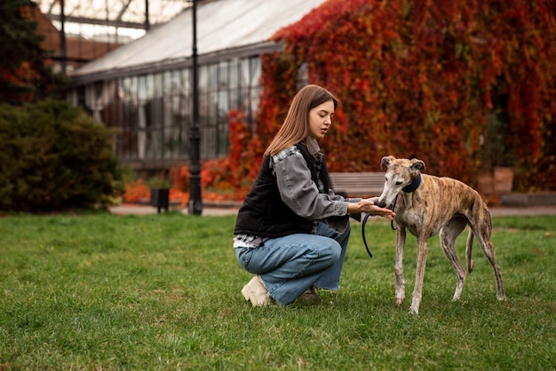 Side view woman petting greyhound dog