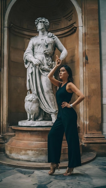 Photo side view woman posing with statue