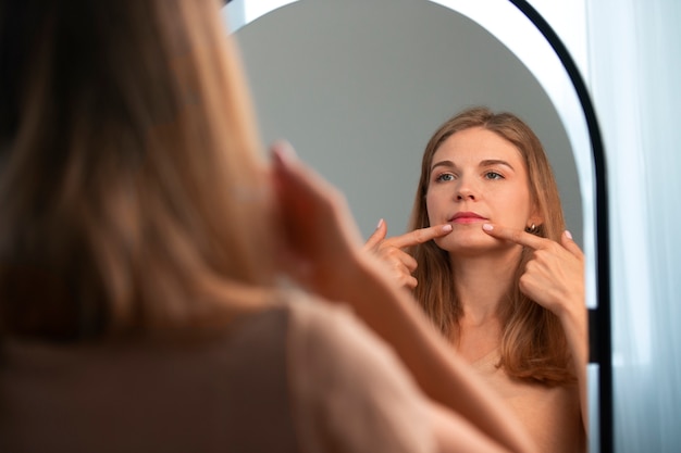 Side view woman practicing facial yoga