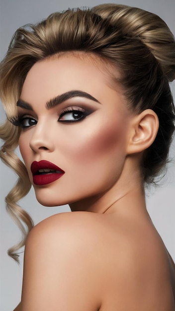 Photo side view woman wearing makeup with thick eyebrows