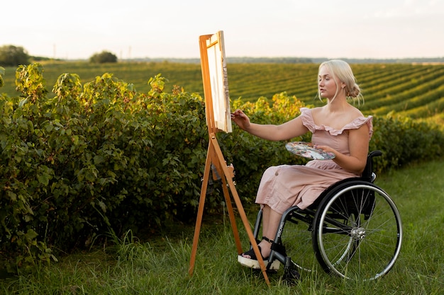 Side view of woman in wheelchair painting outdoors