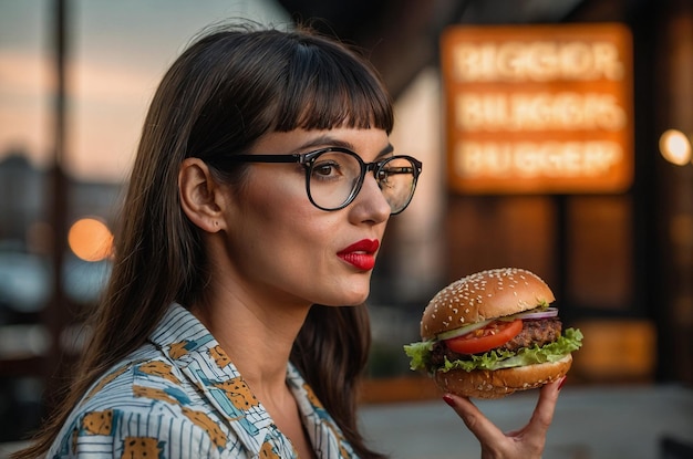 Photo side view of a woman with a delicious burger