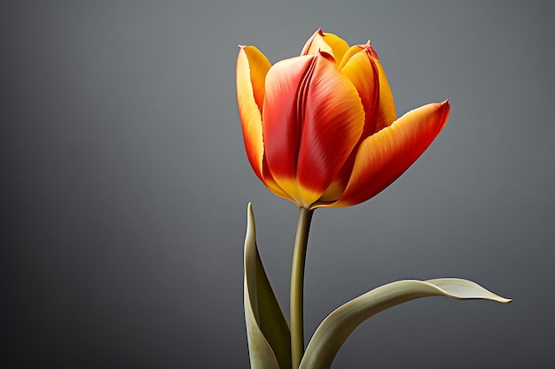 Side view of yellow and red tulip flower on grey