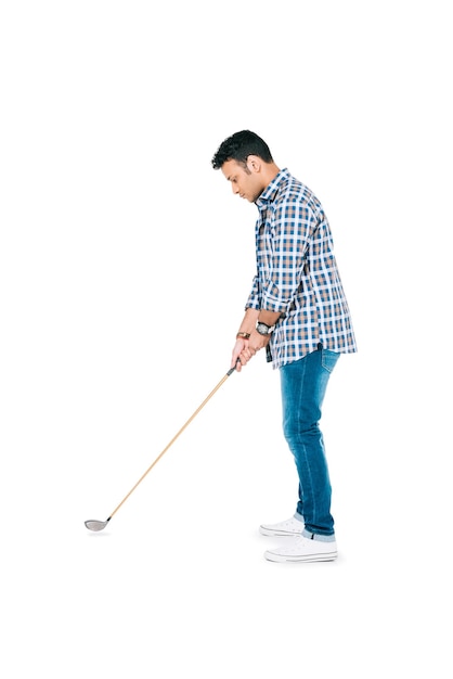 Side view of young african american man playing golf isolated on white