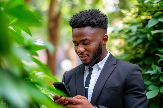 Side view of young businessman using smartphone outdoors