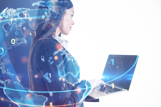 Side view of young businesswoman using laptop with abstract globe sphere with coding and polygonal network on blurry white background Future technology and digital world concept Double exposure