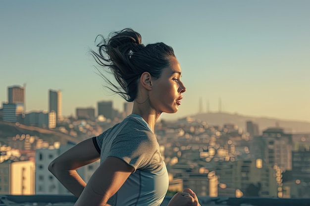 Side view of young woman exercising against cityscape and clear sky