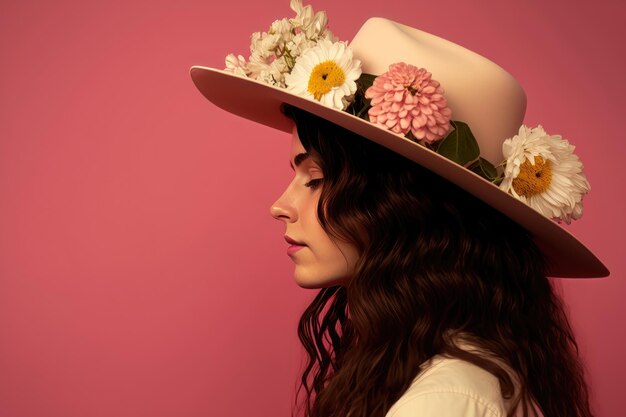 Side view of young woman wearing hat with flowers isolated on pink background AI generation