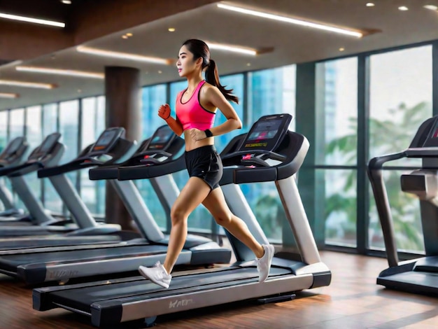 Side view of young women athlete running on treadmill in a hotel sport club