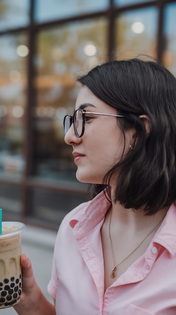 Side view young women with bubble tea