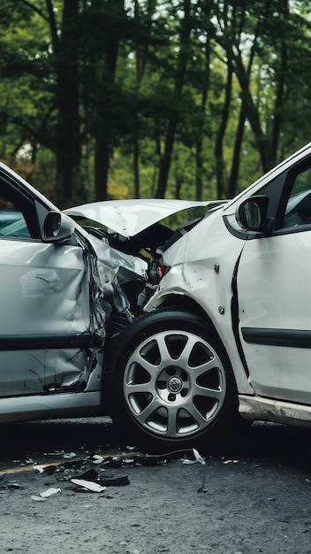 Photo side of white car get damaged by accident on the road broken cars after collision auto accident iso