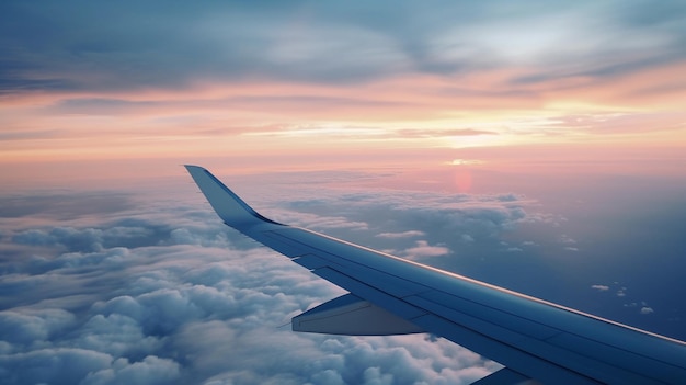 Side wings view of a plane flying in the sky at sunset Travel and tourism concept