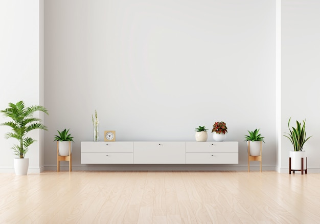 Sideboard with green plant in white living room for mockup