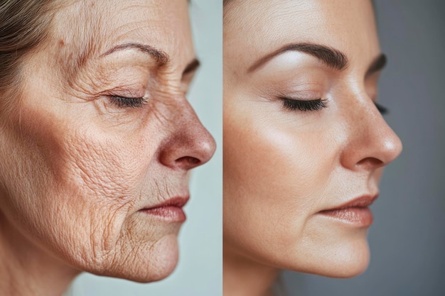 Photo sidebyside comparison of wrinkled and smooth skin on a woman39s face