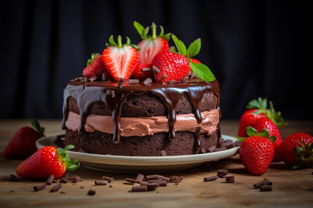 Sideview of chocolate cake with whipped cream and cherries on the table