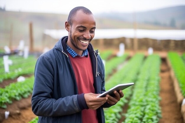 Sideview man with a tablet in a maize field mock