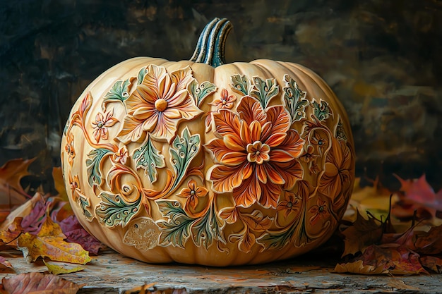 Photo sideview of a meticulously carved pumpkin with intricate floral patterns