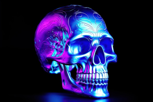 Photo sideview skull purple light illuminated