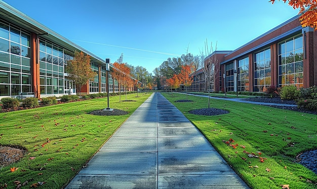 a sidewalk in front of a building with a sign that says fall