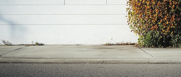 a sidewalk next to a garage door that has a white wall