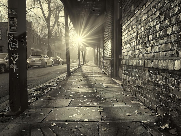 a sidewalk with a building that has a sign that says sun shining through it