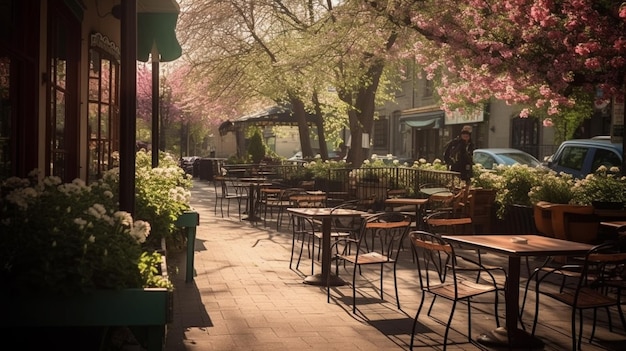 A sidewalk with a row of tables and trees with pink flowers on the branches