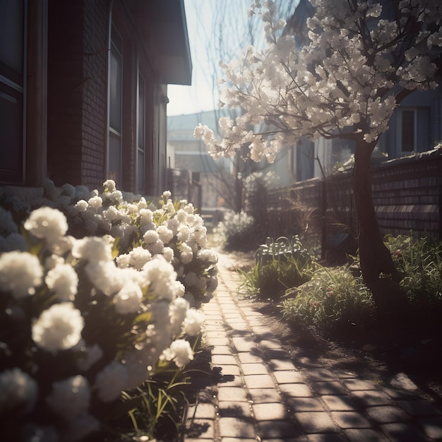 A sidewalk with a tree with white flowers on it