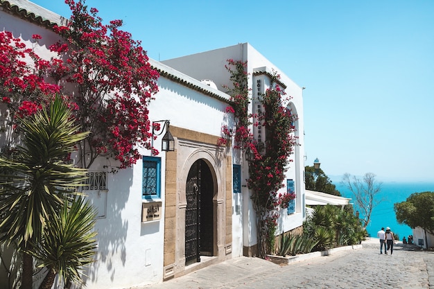 Sidi Bou Said, Tunisia. View of the street and sea