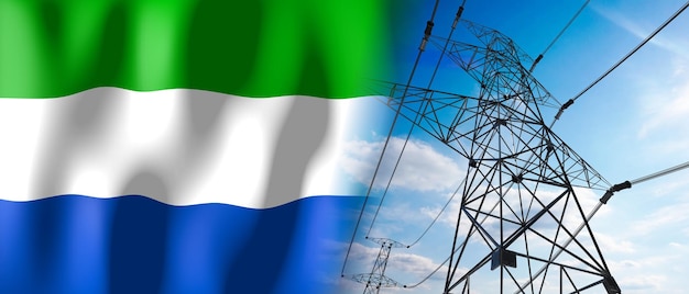 Sierra Leone country flag and electricity pylons 3D illustration