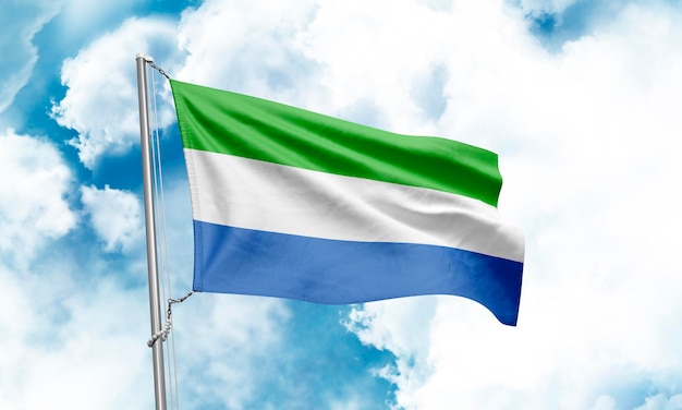 Sierra Leone flag waving on sky background 3D Rendering