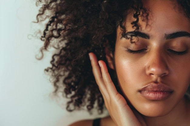 Sigh of Exhaustion Studio Portrait of Young Curly Haired Woman Covering Half of Her Face Feeling