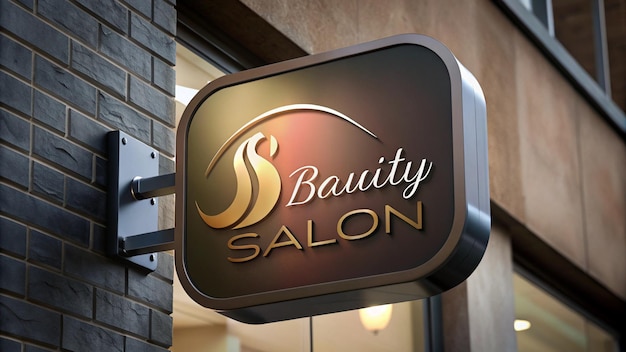 a sign for a beauty salon is displayed in front of a brick wall