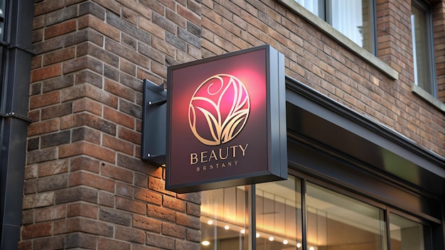 a sign for beauty store is lit up with a red light