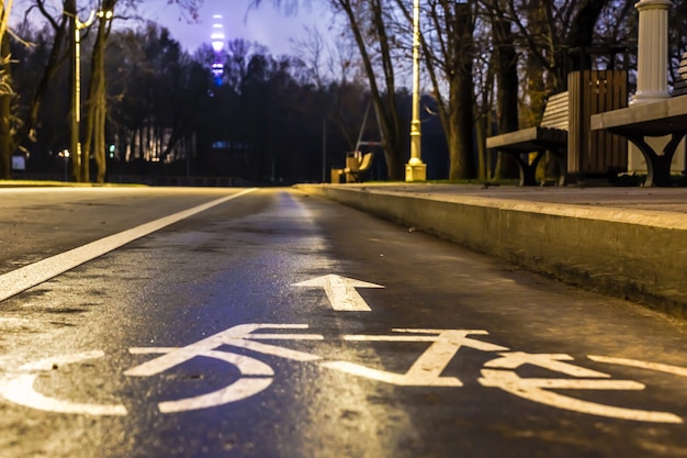 Sign bicycle path At night in the park