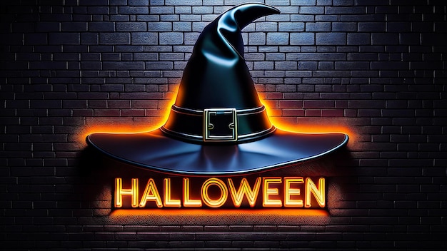 a sign for halloween is lit up on a brick wall