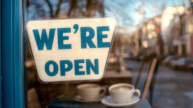 Photo sign hanging on window with words were open business concept