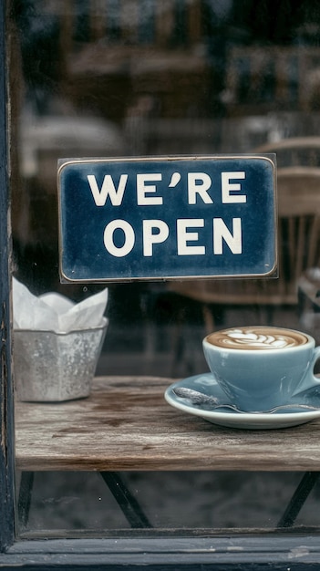 Photo sign hanging on window with words were open business concept